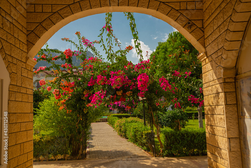 KEMER, TURKEY: Beautiful arch of red flowers in the park. City Park on a sunny day in Kemer, Turkey. photo