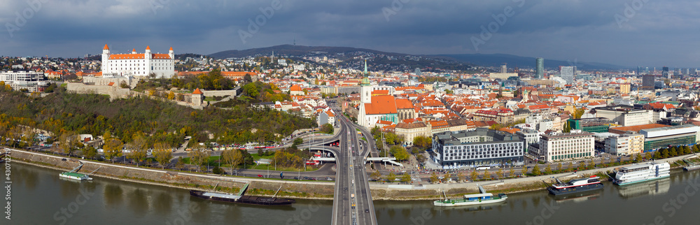 Panoramic view on Bratislava old town over the Danube river in Slovakia