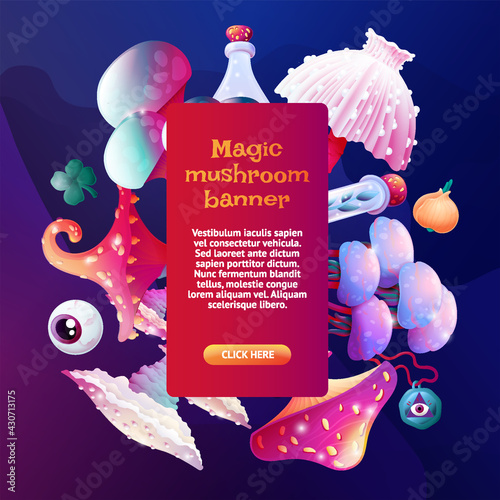 Social media or Article template background. Colorful Fantasy Magic Mushrooms, Witchcraft Accessories . Fungus and Unrealistic Uneartly Shiny Alien Botany with Luminous Caps, various sorcery supplies