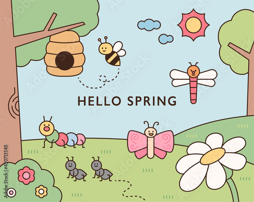 Cute insects live in the natural background with flowers and trees. flat design style minimal vector illustration.