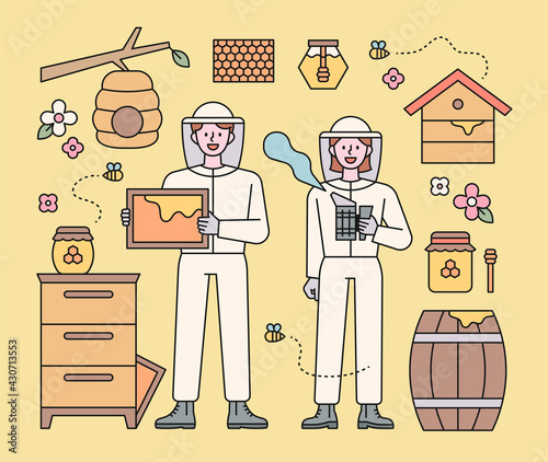 Beekeeper characters and beekeeping equipment. flat design style minimal vector illustration.