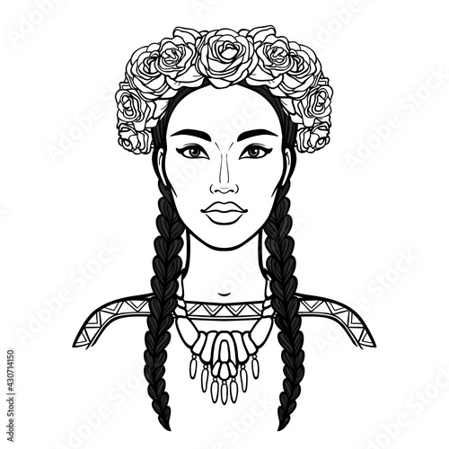 Cartoon portrait of a young beautiful girl in ancient necklace and a crown of roses. Linear monochrome drawing. Vector illustration isolated on a white background. Print, poster, T-shirt, postcard.