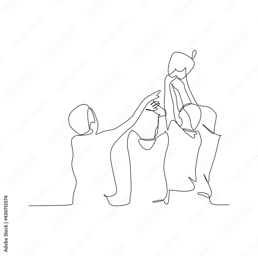 Team holding award trophy for show their victory - continuous one line drawing Team holding award trophy for show their victory - continuous one line drawing