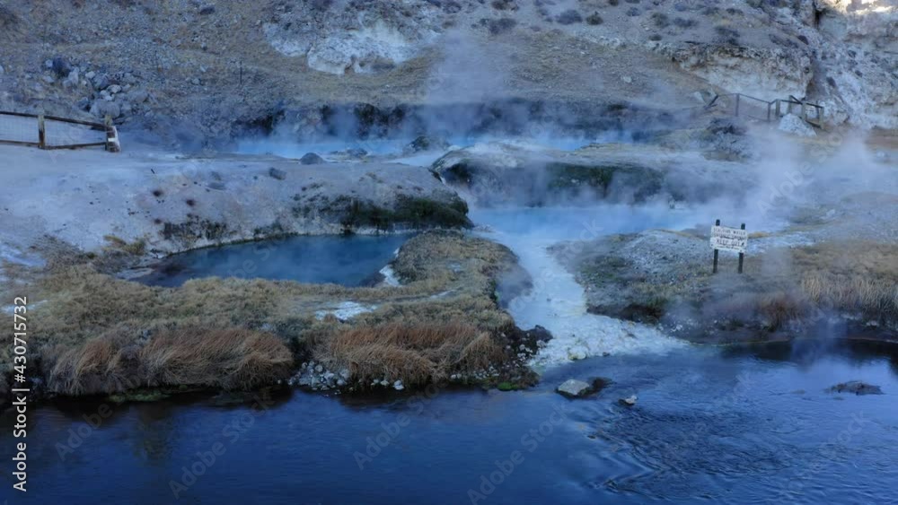 Flyover Steaming Hot Spring, Hot Creek Geological Site, Travel Destination, Aerial Flyover Steaming Hot Spring, Hot Creek Geological Site, Travel Destination, Aerial