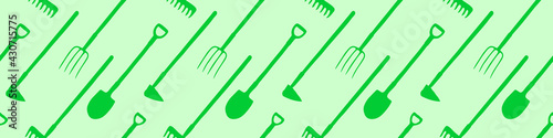 Seamless pattern with garden equipments: shovels, spades, rakes, hoes, pitchforks. Vector backgrounds and textures with tools for working on the farm, in dacha, country site in flat style