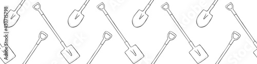 Seamless pattern with garden shovels, spades, scoops. Vector backgrounds and textures with tools for working on the farm, in dacha, country site in flat doodle style. Hand drawn isolated illustration