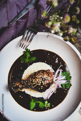 Obraz na plátně Mexican mole with chicken legs and steamed rice