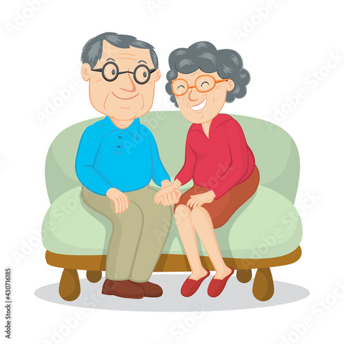 Happy old couple sitting on the sofa, illustration vector cartoon
