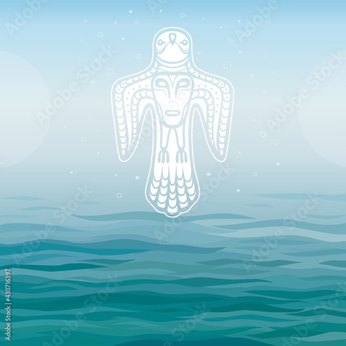 Animation image of ancient pagan deity. Bird with a human face on a breast. God, idol, icon, totem. Background - blue sky, sea waves, place for the text. Vector illustration. Print, poster, card