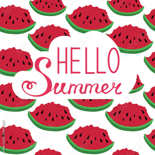 Watermelon vector Pattern, lettering Hello Summer, bright summer design, blank for greeting cards, printing, website template photo