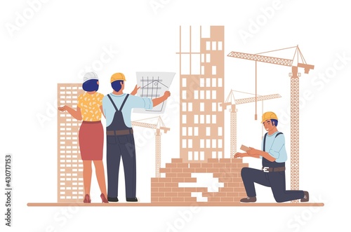 Construction site. Industrial workers architects, builders, vector illustration. Architecture project. Building industry