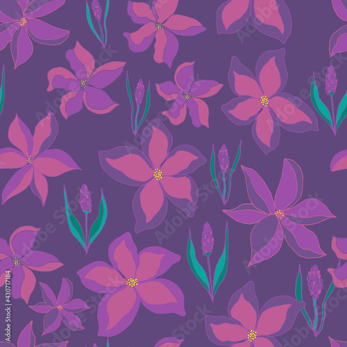 Vector seamless pattern of flower buds and sprigs of lavender with leaves. Botanical illustration for fabrics  textiles  wallpaper  paper  invitations  cards  backgrounds