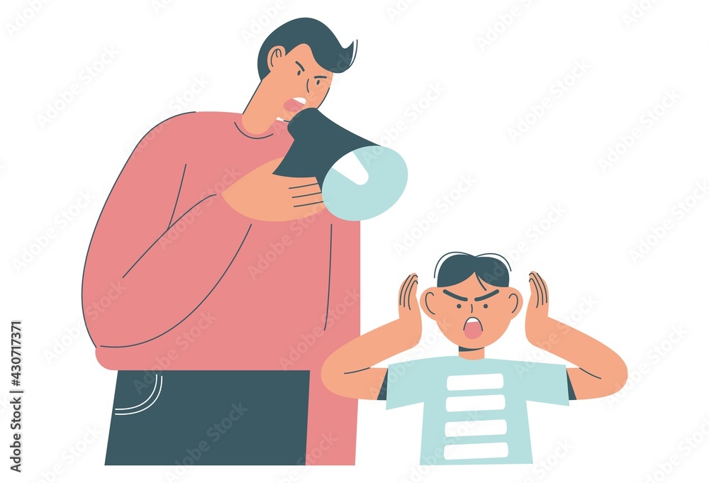 Angry father screaming through megaphone scolding his scared son, flat vector illustration. Father and son conflict.
