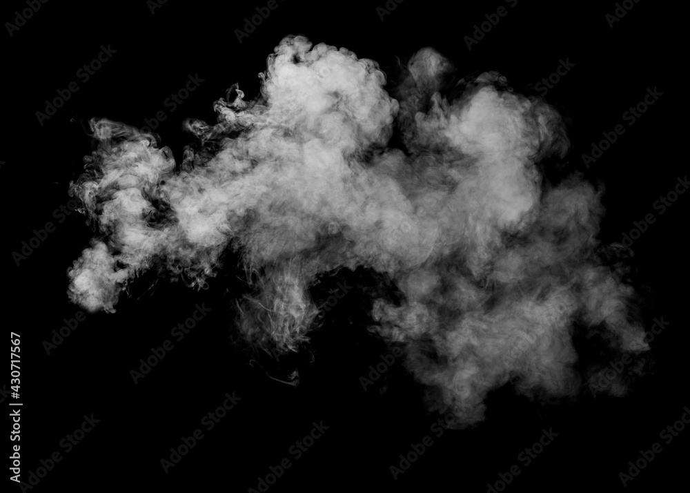 Puffs of smoke on black isolated background.