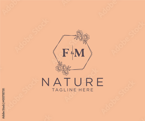 initial FM letters floral frames. Botanical feminine editable premade monoline unique decoration for greeting card, wedding invitation.