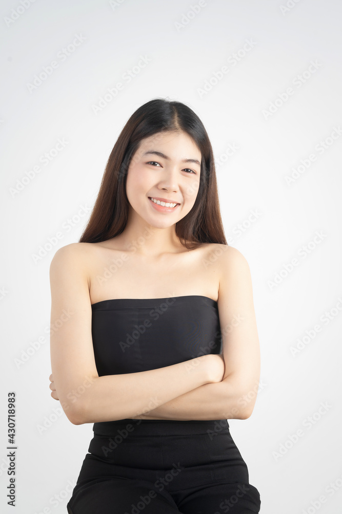 Portrait of beautiful asian woman makeup of cosmetic, girl hand touch cheek and smile attractive, face of beauty perfect with wellness isolated on white background with skin healthcare concept. Portrait of beautiful asian woman makeup of cosmetic, girl hand touch cheek and smile attractive, face of beauty perfect with wellness isolated on white background with skin healthcare concept.
