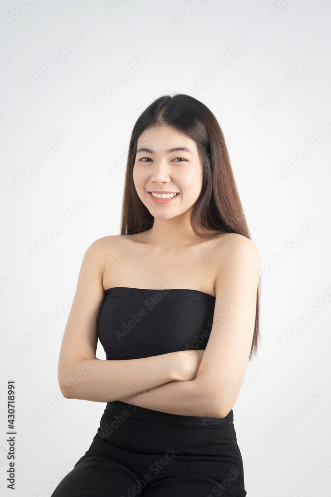 Portrait of beautiful asian woman makeup of cosmetic, girl hand touch cheek and smile attractive, face of beauty perfect with wellness isolated on white background with skin healthcare concept. Portrait of beautiful asian woman makeup of cosmetic, girl hand touch cheek and smile attractive, face of beauty perfect with wellness isolated on white background with skin healthcare concept.