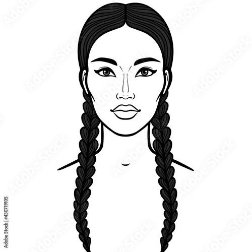 Asian beauty. Animation portrait of a beautiful girl with braids .  Vector illustration isolated on a white background. Print, poster, t-shirt, card.