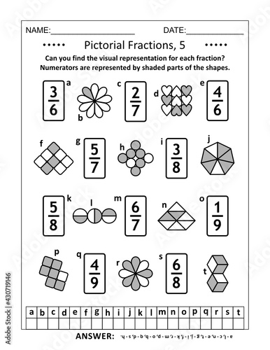 Educational math puzzle. Pictorial representation of fractions, reperesented by various shapes, recognition worksheet. Answers included.
 photo