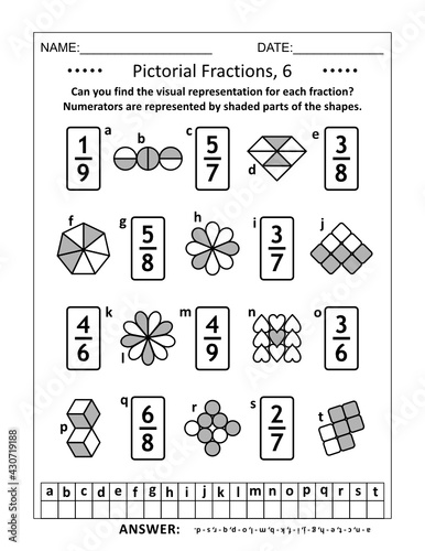 Educational math puzzle. Pictorial representation of fractions, reperesented by various shapes, recognition worksheet. Answers included.
 photo