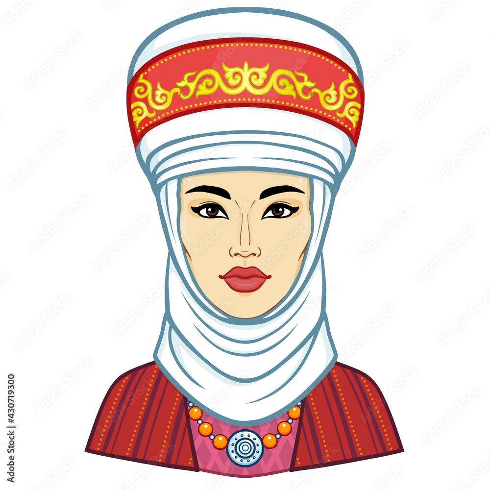 Asian beauty. Animation portrait of a beautiful girl in ancient national turban. Married woman 's headdress. Central Asia. Vector illustration isolated. Gray background. Print, poster, t-shirt, card. Asian beauty. Animation portrait of a beautiful girl in ancient national turban. Married woman 's headdress. Central Asia. Vector illustration isolated. Gray background. Print, poster, t-shirt, card.