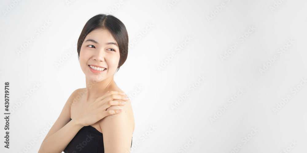 Portrait of beautiful asian woman makeup of cosmetic, girl hand touch cheek and smile attractive, face of beauty perfect with wellness isolated on white background with skin healthcare concept. Portrait of beautiful asian woman makeup of cosmetic, girl hand touch cheek and smile attractive, face of beauty perfect with wellness isolated on white background with skin healthcare concept.