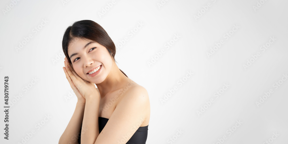 Portrait of beautiful asian woman makeup of cosmetic, girl hand touch cheek and smile attractive, face of beauty perfect with wellness isolated on white background with skin healthcare concept. Portrait of beautiful asian woman makeup of cosmetic, girl hand touch cheek and smile attractive, face of beauty perfect with wellness isolated on white background with skin healthcare concept.