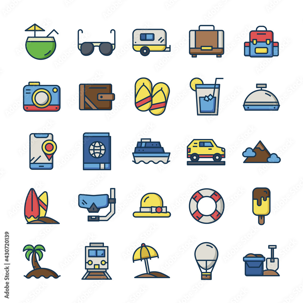 Obraz premium Set of Vacation icons with outline color style.