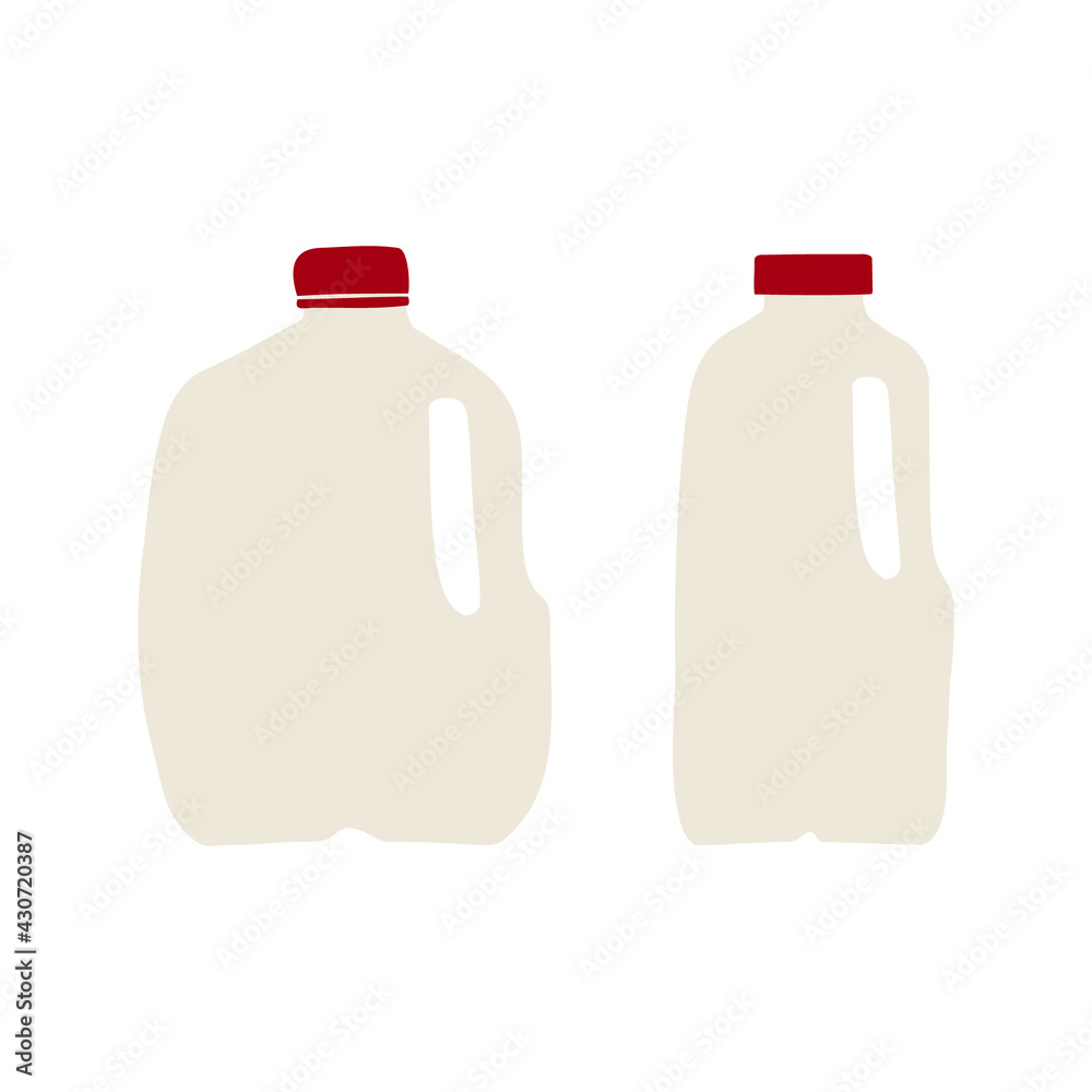 Hand drawn, flat vector illustration of milk in plastic gallon and half-gallon jug with red cap. Isolated on white background. Hand drawn, flat vector illustration of milk in plastic gallon and half-gallon jug with red cap. Isolated on white background.