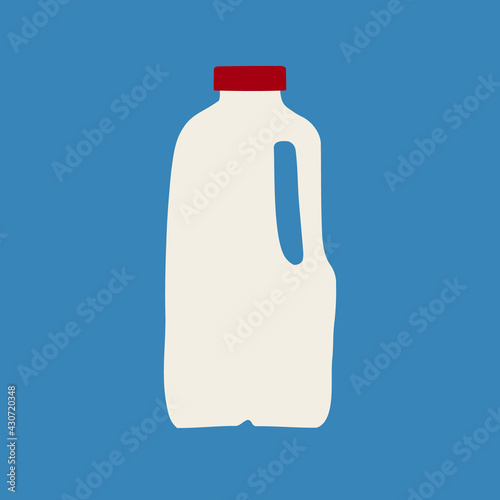 Hand drawn vector illustration of milk in plastic white half gallon jug with red cap. Isolated on blue background.