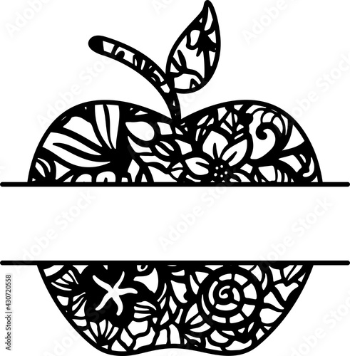 Apple Monogram mandala sign. Back to school. Apple teacher gift design. Iron on, last minute gift present decoration. 