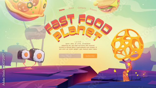 Fast food planet cartoon landing page with pizza, burger spheres and sushi over alien landscape with bizarre tree. Cosmic fantasy game, space adventure, funny world ui graphic design vector web banner