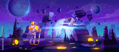 Astronaut on alien planet and flying spaceship. Cosmonaut and shuttle explore outer space. Vector cartoon illustration of futuristic planet surface with rocket and man in suit and helmet