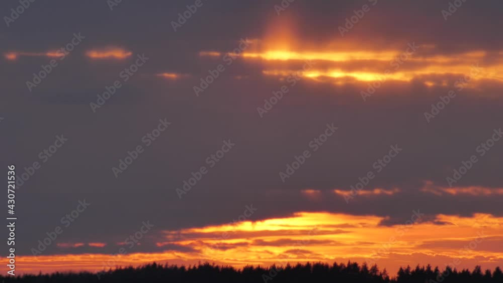Blurred background. Amazing dramatic sunset behind rain clouds. A large bright red sun is moving over the horizon. A stunning landscape with golden skies and curly clouds against the setting sun. Blurred background. Amazing dramatic sunset behind rain clouds. A large bright red sun is moving over the horizon. A stunning landscape with golden skies and curly clouds against the setting sun.