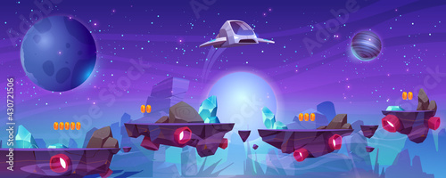 Space game level background with platforms and flying spaceship. Vector cartoon illustration of cosmos with alien planets, stars, coins and shuttle for gui interface of arcade game