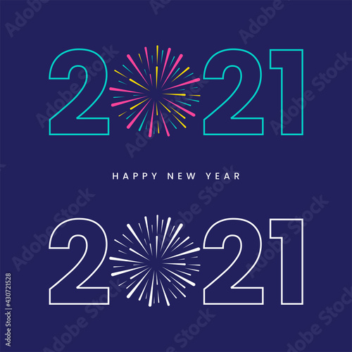Happy New Year 2021. Typography 2021 with unique firework in number 0. Template for products, advertizing, web banners, leaflets, certificates, calendar, postcards and many more. Vector illustration. 