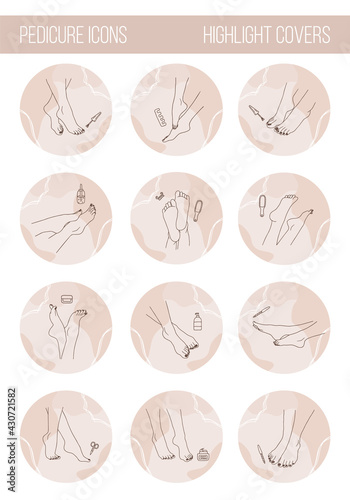 Female pedicured feet. Set of highlight covers for social media. Foot care concept. Vector Illustration of elegant woman legs in a trendy lineart style. Beauty logo for nail studio or spa salon.