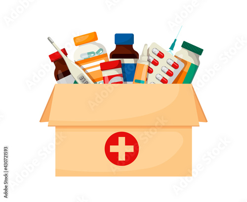 Home delivery of medicines. medical supplies in a box. vector illustration in cartoon style.