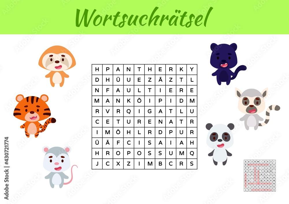  Wortsuchrätsel - Word search puzzle. Kids activity worksheet colorful Illustration 