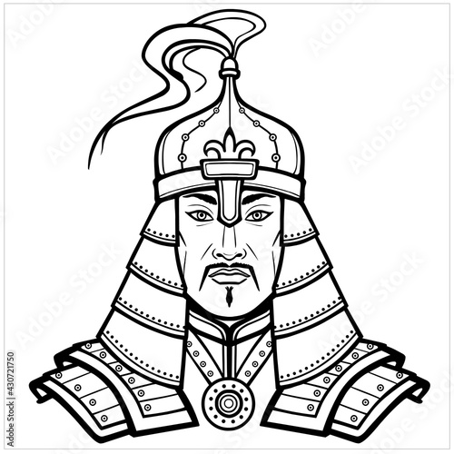 Animation portrait of an Asian man warrior in ancient armor. Central Asia. Vector monochrome illustration isolated on a white background. Print, poster, t-shirt, card. coloring book.