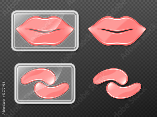 Gel patches for lips and eyes, cosmetics beauty products for facial care and spa treatment in package, moisturizing collagen lifting for women cosmetic procedures and hygiene, Realistic 3d vector set
