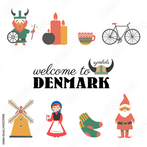 Set of Danish symbols bicycle, candles, tea cup, cartoon viking, kid girl in traditional suit, socks, Scandinavian Christmas elf isolated on white background, Simple flat icon, decorative design sign