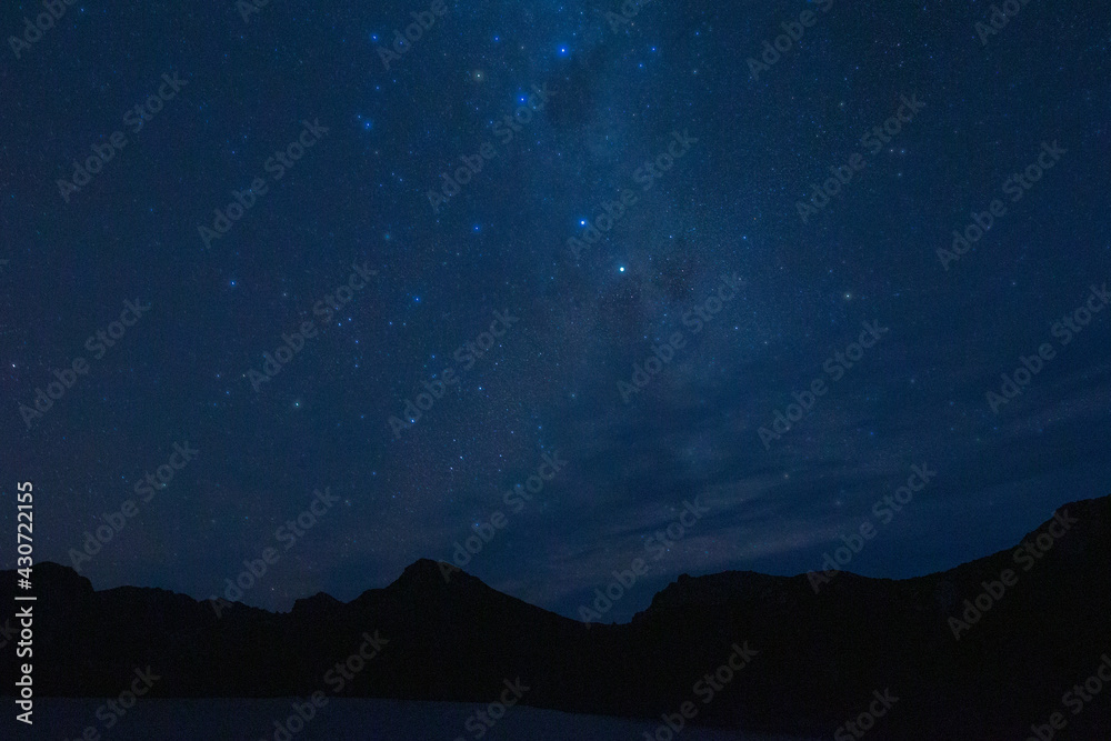 Southern Cross and Milky Way over Promontory Lake, Western Arthur Range, Southwest National Park, Tasmania. World Heritage Area