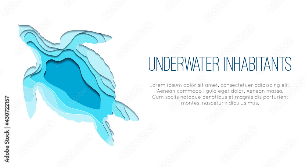 Horizontal banner with paper cut layered turtle illustration and place for text. Ocean dweller. Silhouette of marine reptile. Vector template with drawing of origami aquatic animal on white background Horizontal banner with paper cut layered turtle illustration and place for text. Ocean dweller. Silhouette of marine reptile. Vector template with drawing of origami aquatic animal on white background