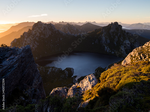 Sunrise over Lake Oberon in the Western Arthur Range, Southwest National Park, Tasmania. World Heritage Area