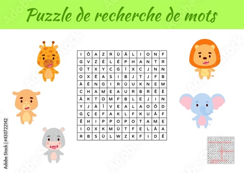 Puzzle de recherche de mots - Word search puzzle with pictures. Educational game for study French words. Kids activity worksheet colorful printable version. Includes answers. Vector stock illustration