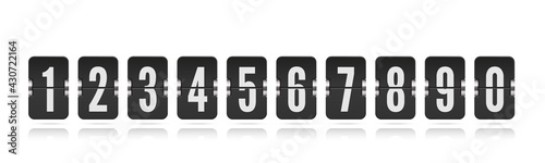 One line vector scoreboard numbers with floating reflections for black countdown timer or calendar isolated on white