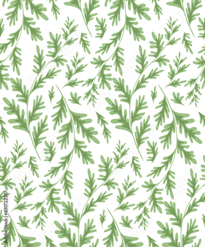 Wormwood herbaceous seamless pattern on a white background. Fabric with grass fields. Wallpaper with a branches of sagebrush. Vector natural background with Artemisia absinthium for wrapping paper