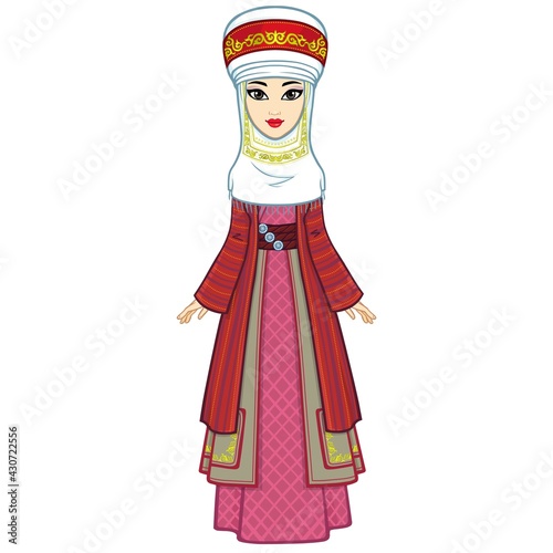 Asian beauty. Animation portrait of a beautiful girl in ancient national costume and turban. Married woman's headdress. Full growth. Central Asia. Vector illustration isolated. White background. 