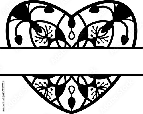 Heart split vector monogram. Paper or laser cut template. Valentine card, wedding invitation. For names, your text. Decorative symbol of the holiday. Plotter cutting, T-shirt printing, carving.